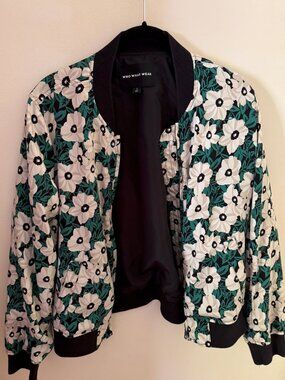 Who What Wear Green & White Floral Print Bomber Jacket